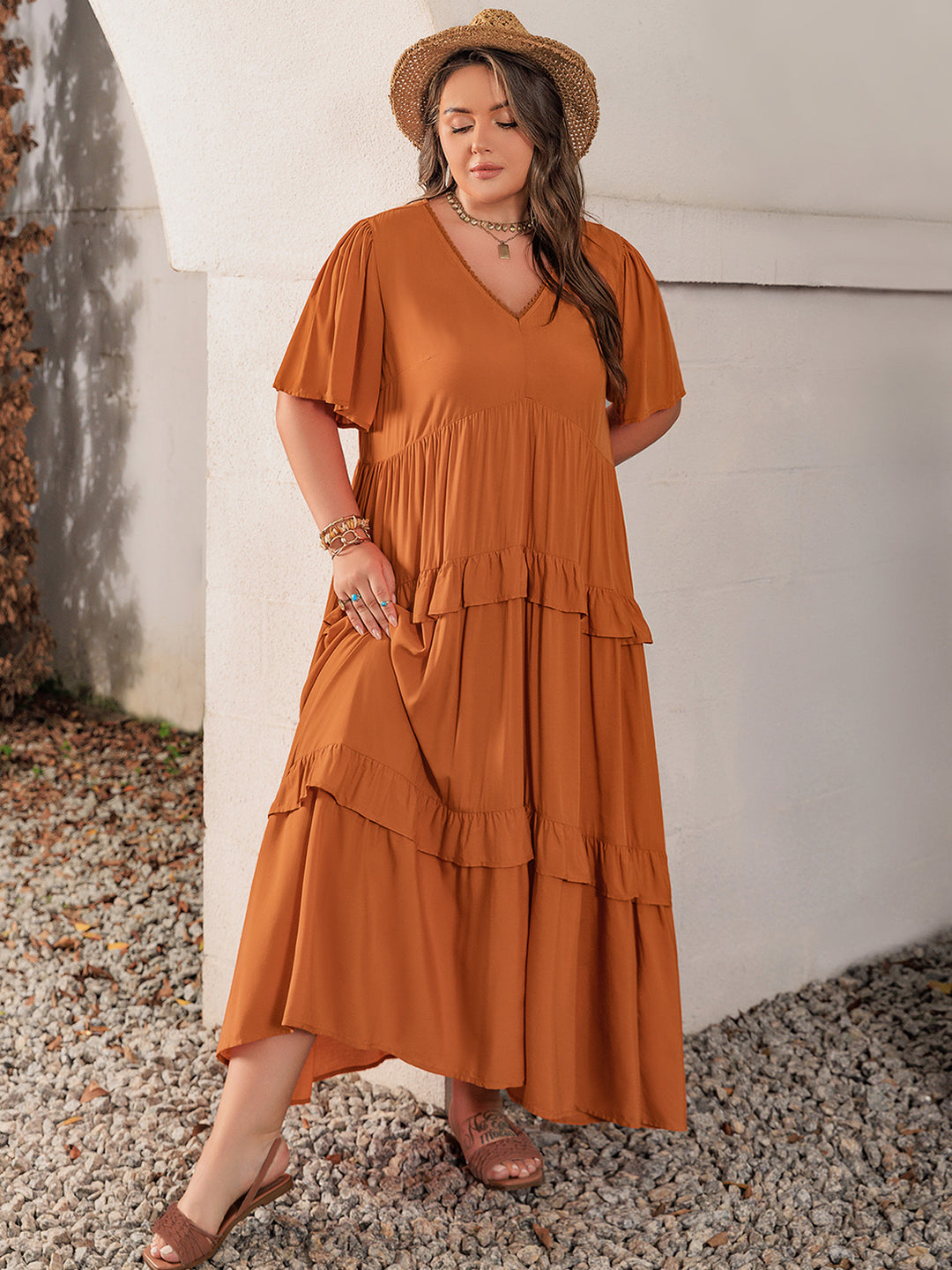 Plus Size V-Neck Flutter Sleeve Maxi Dress