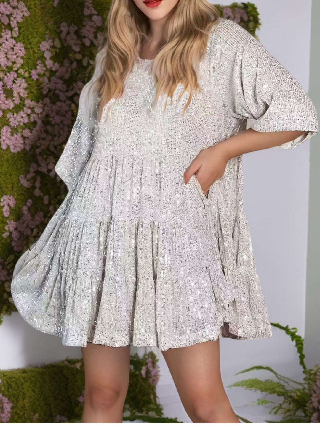 Sequin Round Neck Half Sleeve Mini Dress