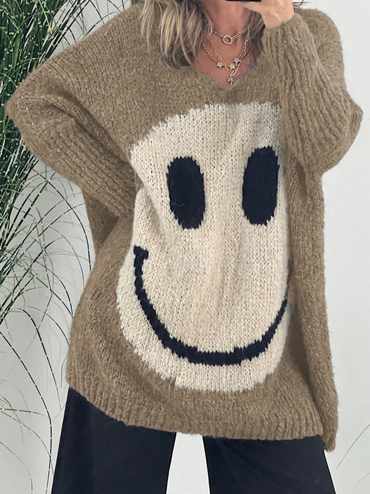 Smiling Face V-Neck Long Sleeve Sweater