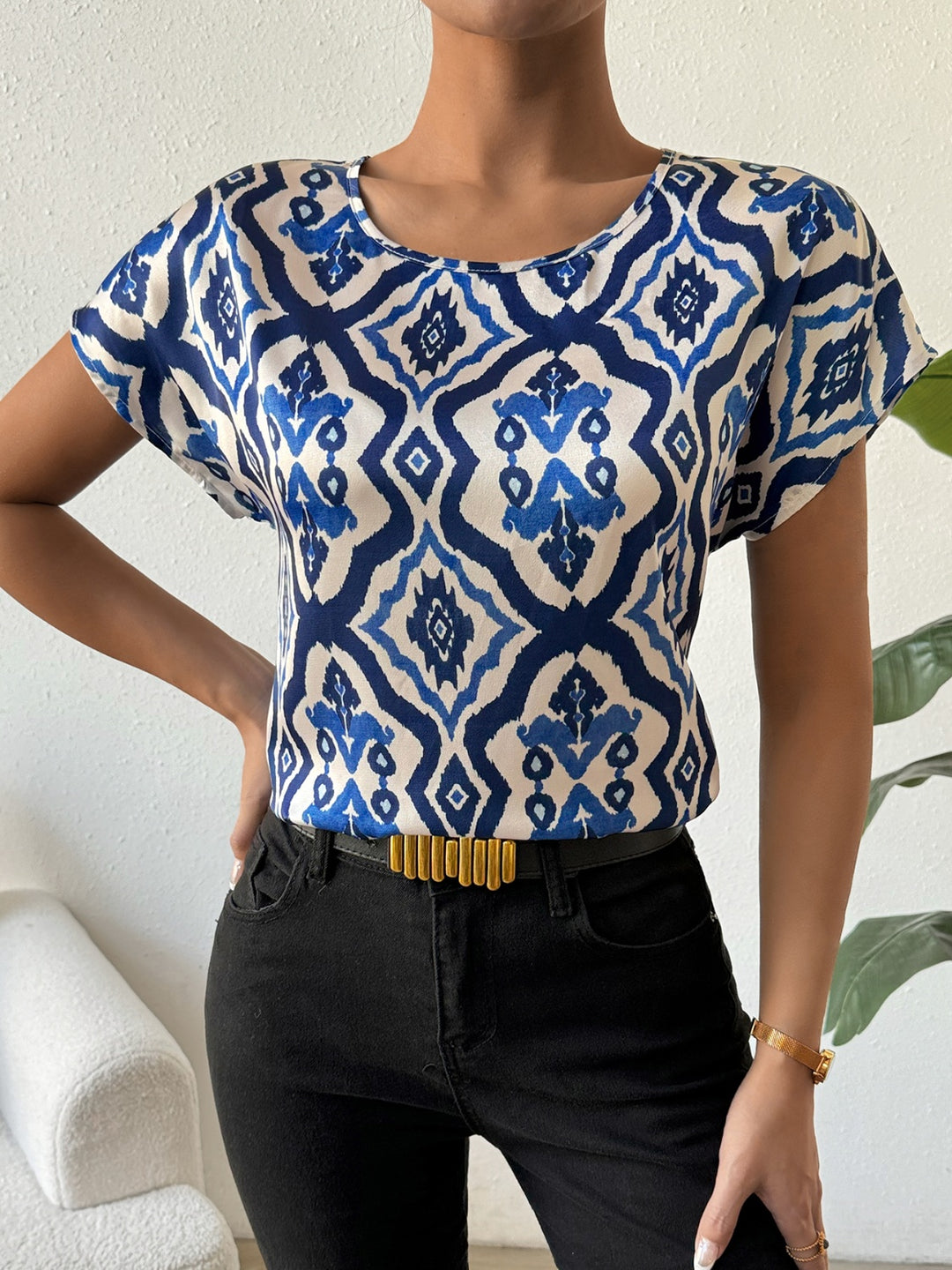 Printed Round Neck Short Sleeve Blouse