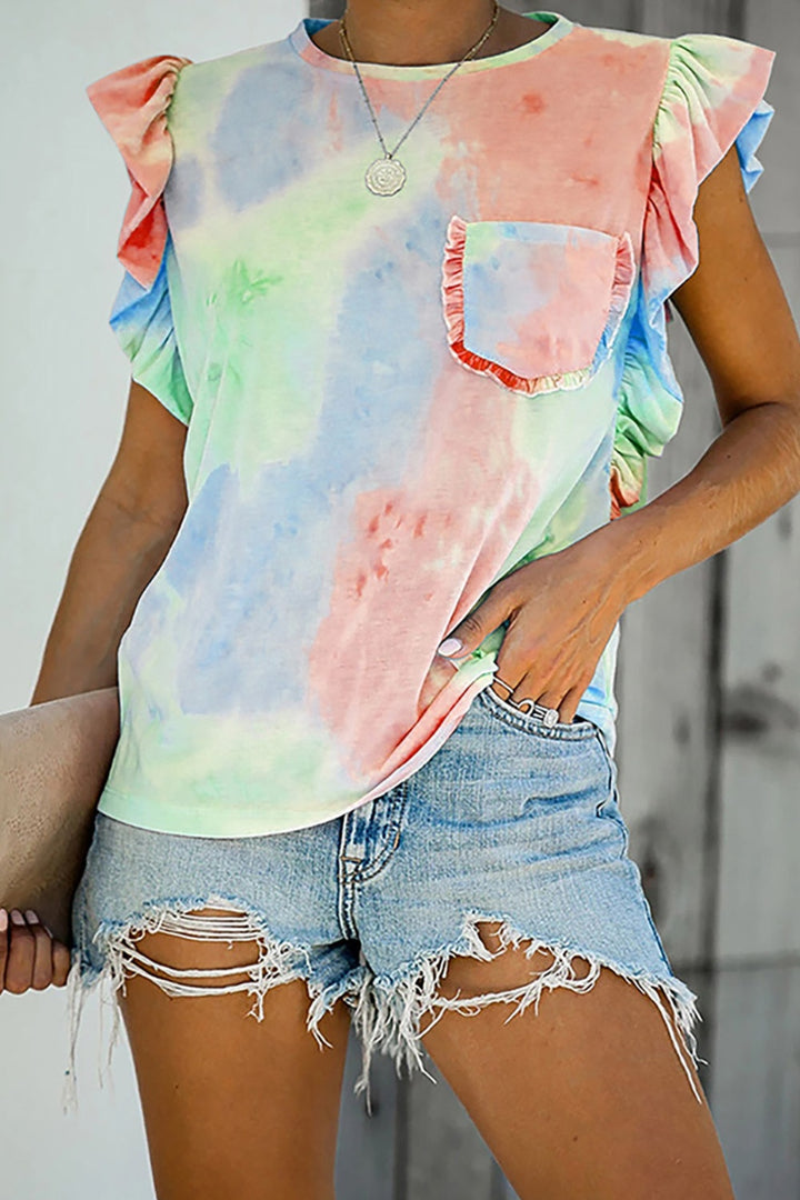 Ruffled Printed Round Neck Cap Sleeve T-Shirt