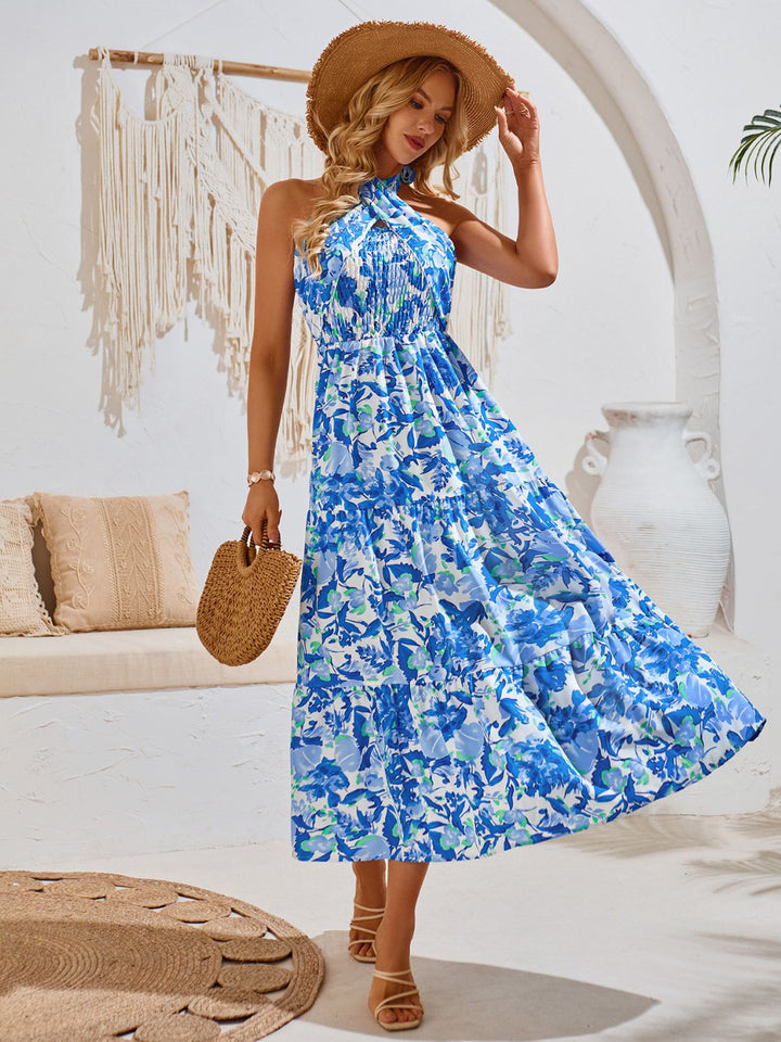 Smocked Printed Sleeveless Midi Dress