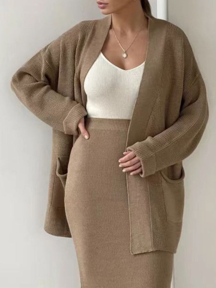 Pocketed Long Sleeve Cardigan and Skirt Sweater Set