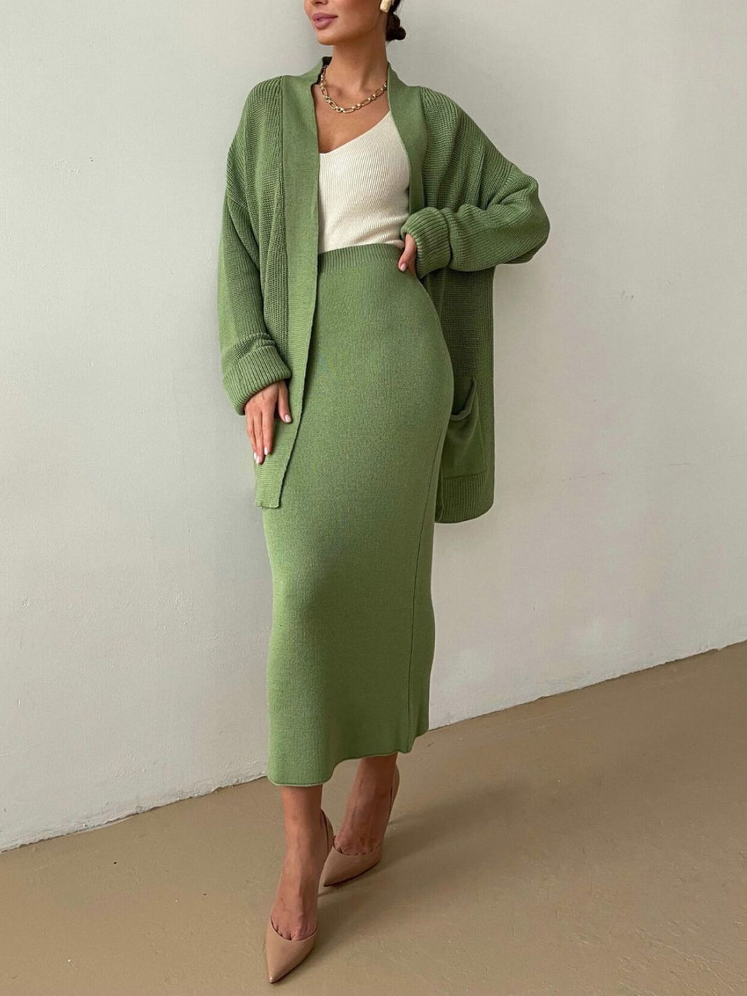 Pocketed Long Sleeve Cardigan and Skirt Sweater Set