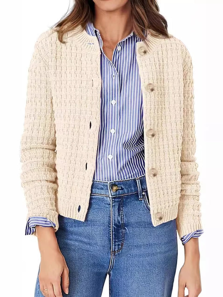 Button Up Round Neck Long Sleeve Cardigan