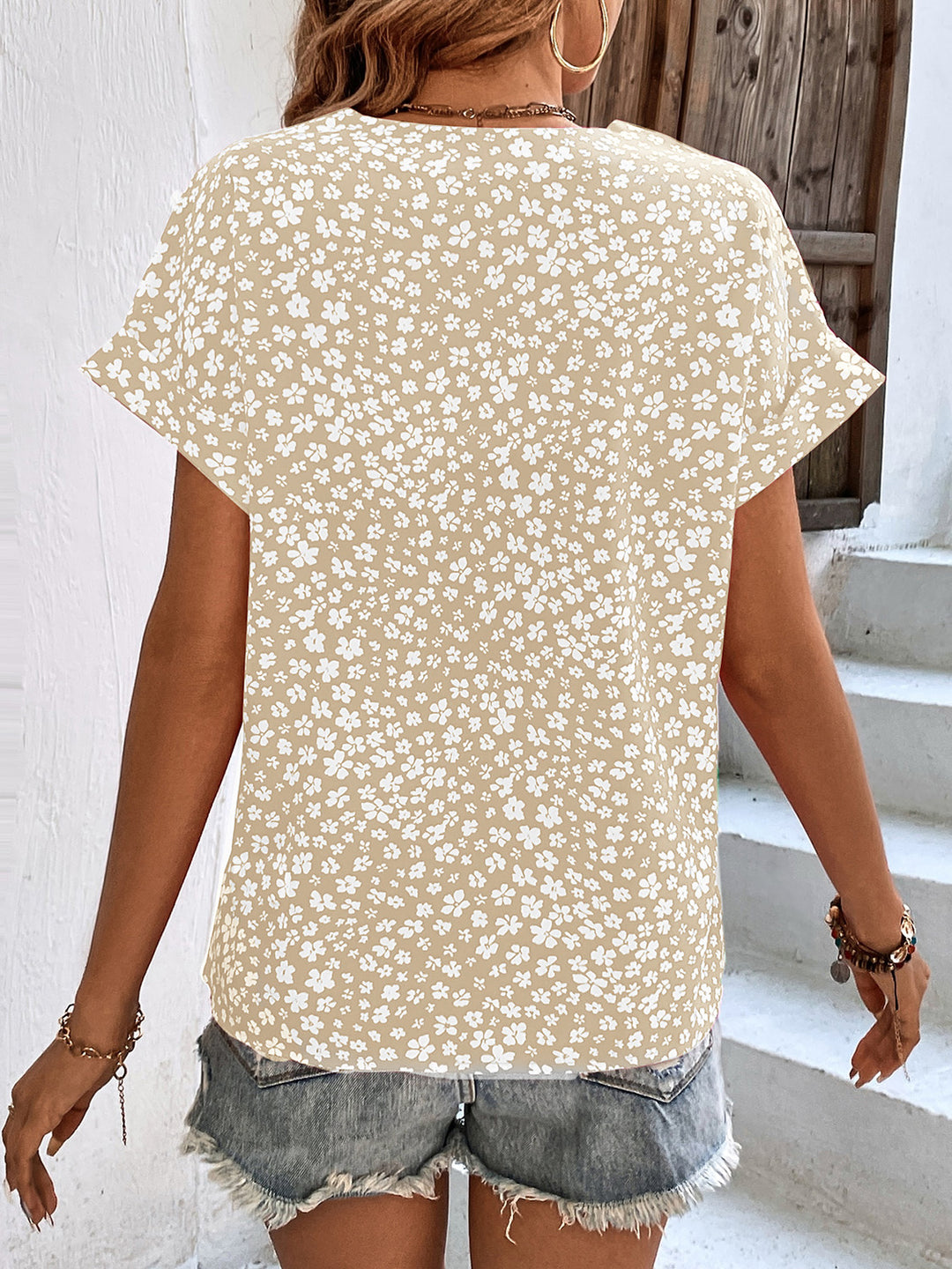 Printed V-Neck Short Sleeve Blouse