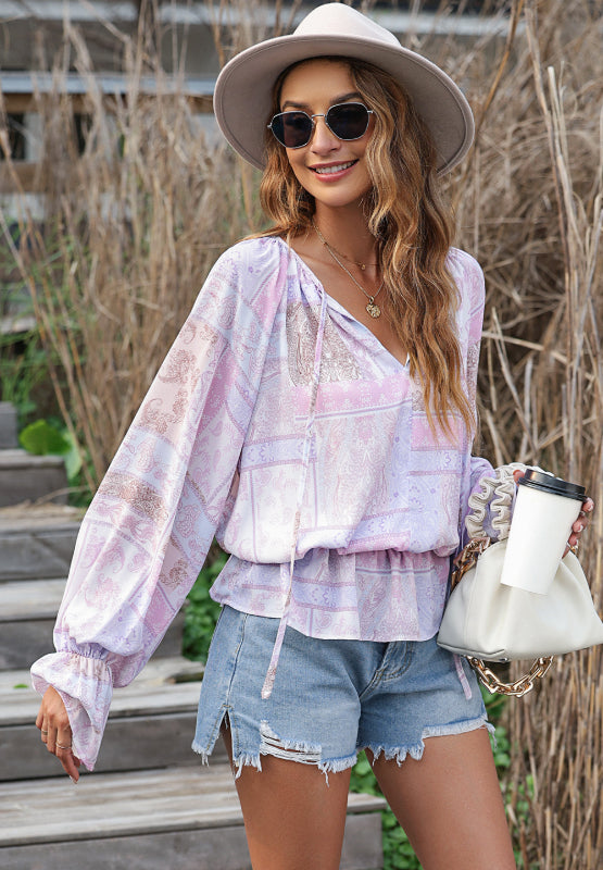 Printed Tie Neck Flounce Sleeve Blouse