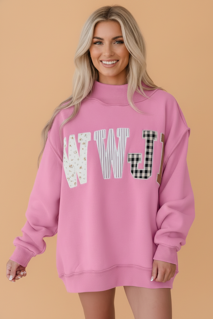 WWJD Embroidered Patchwork Mock Neck Sweatshirt