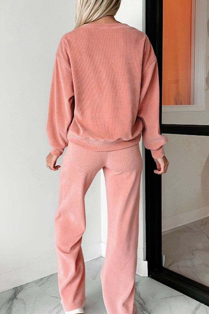 Round Neck Long Sleeve Top and Pants Set