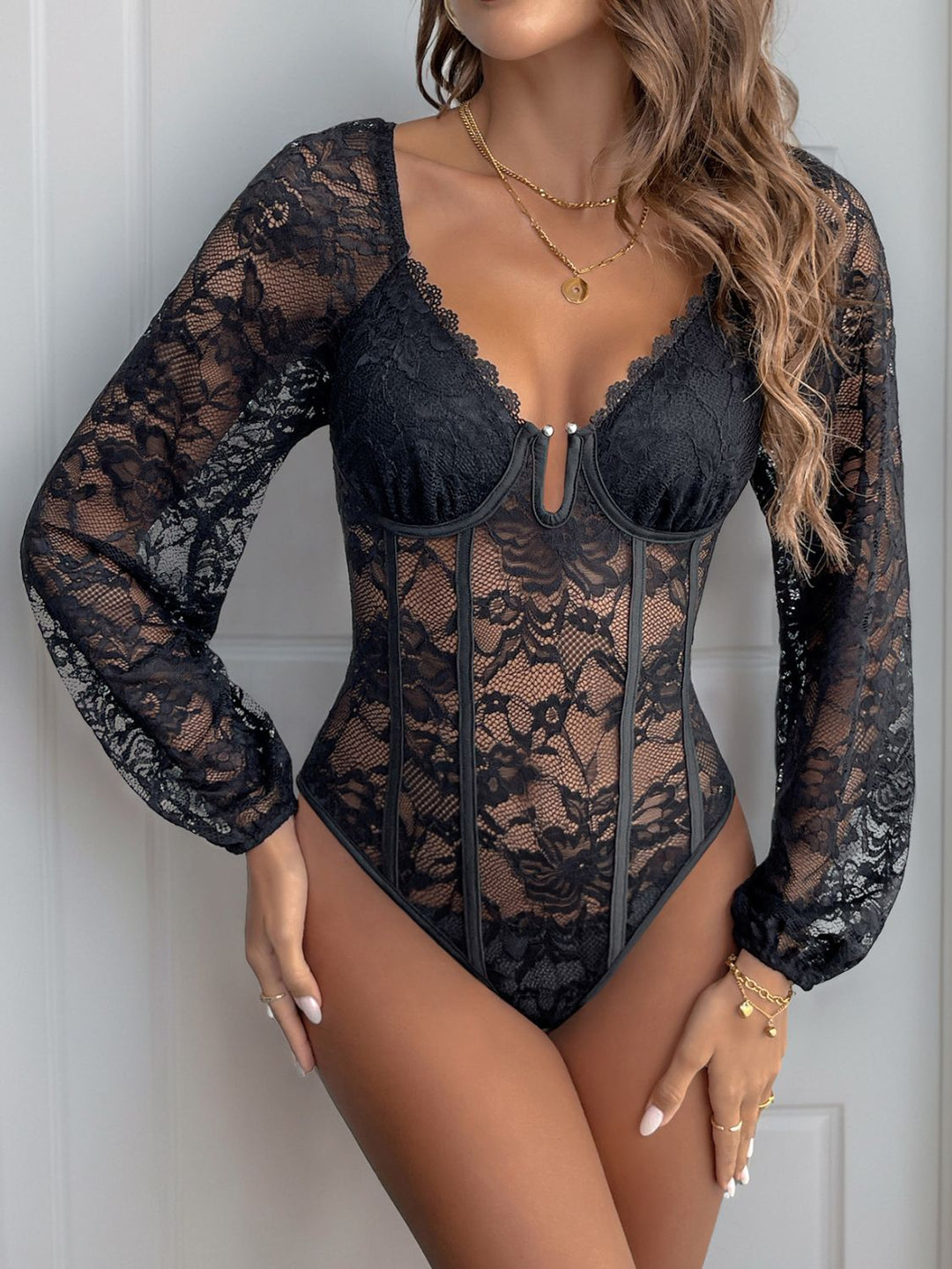 Perfee Lace V-Neck Long Sleeve Bodysuit