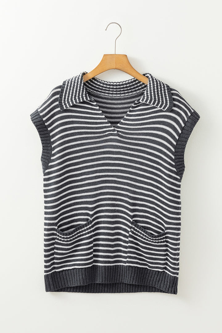 Pocketed Striped Johnny Collar Sweater Vest