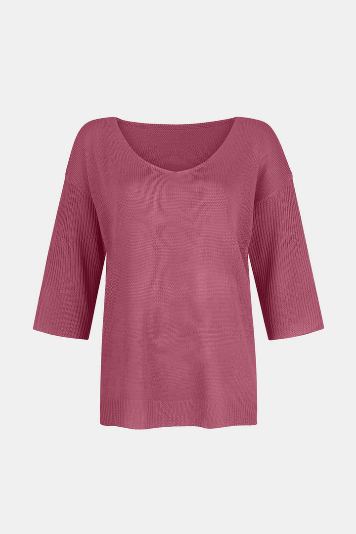 V-Neck Three-Quarter Sleeve Knit Top