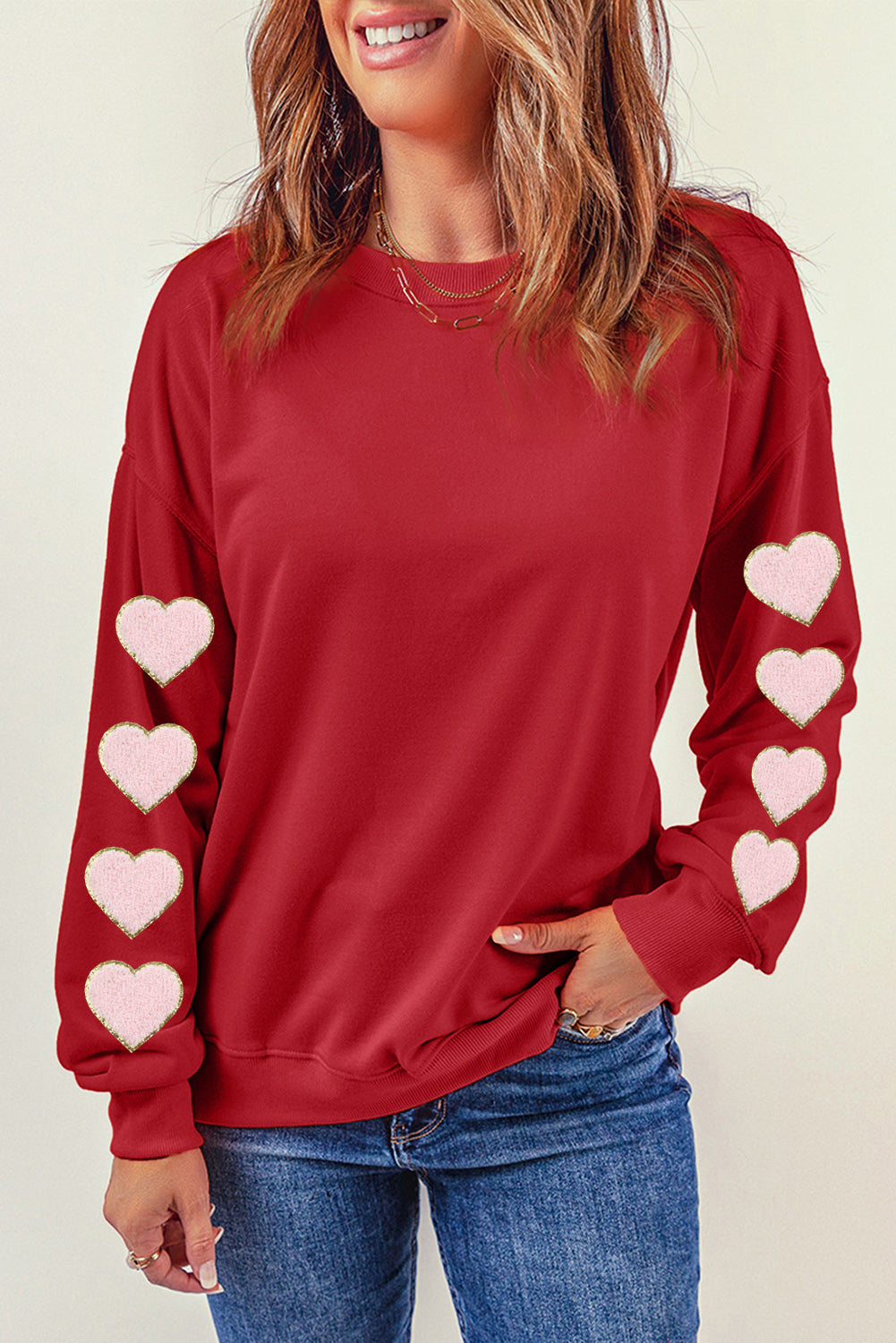 Heart Round Neck Dropped Shoulder Sweatshirt