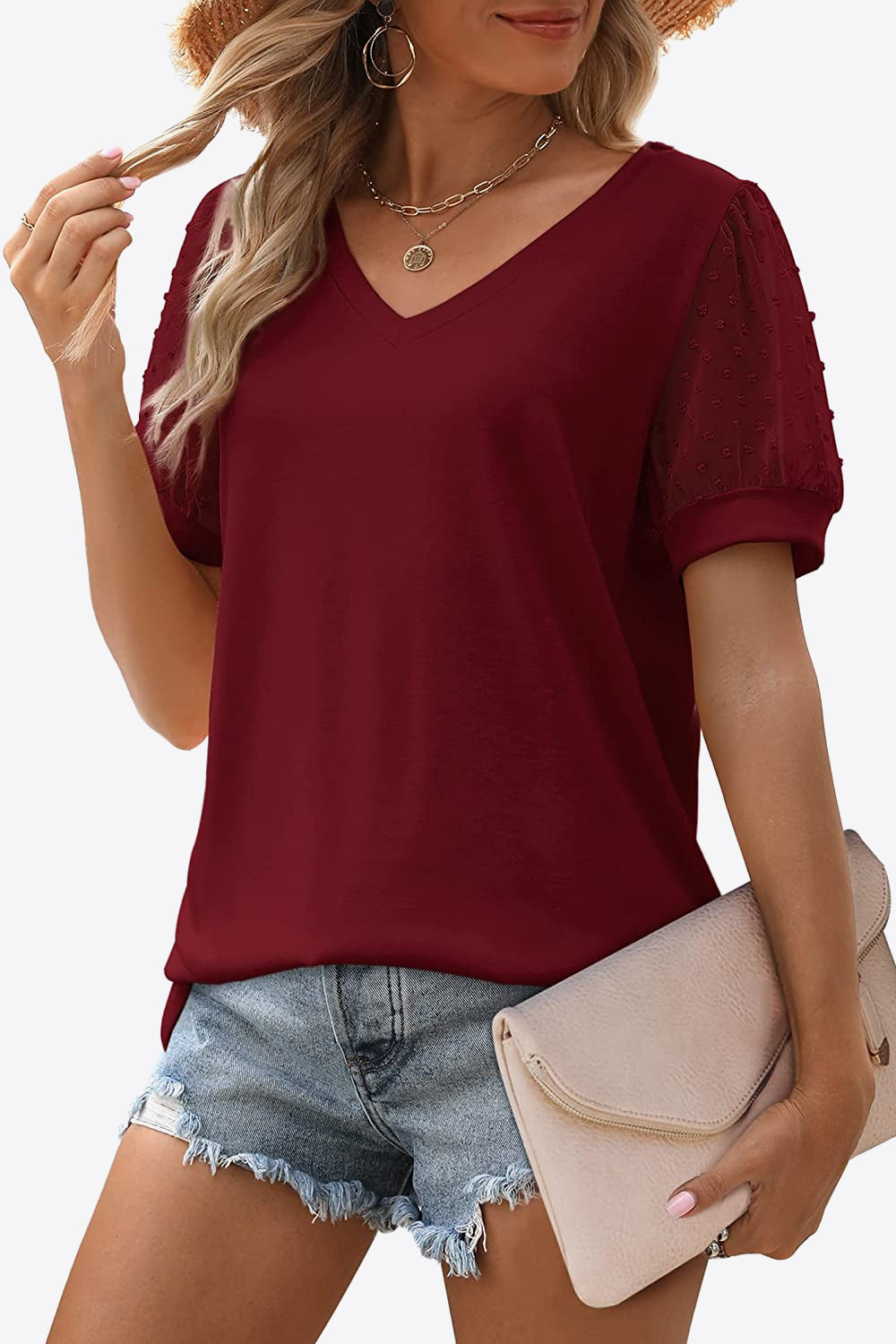 Swiss Dot Puff Sleeve V-Neck Tee