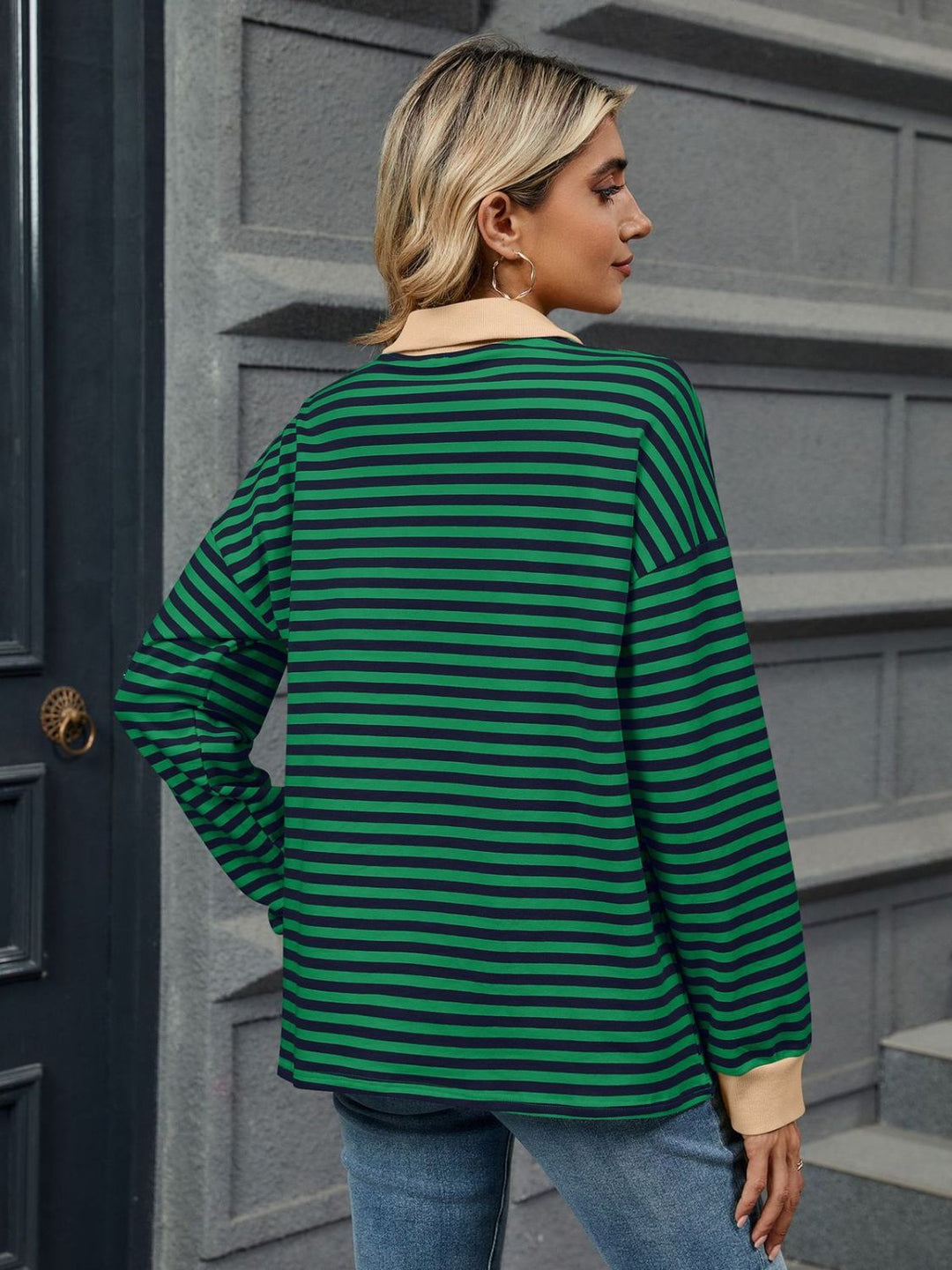 Striped Johnny Collar Long Sleeve Sweatshirt