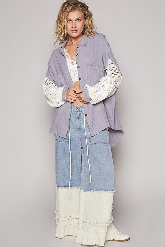 POL Openwork Lantern Sleeve Button Down Gauze Shirt