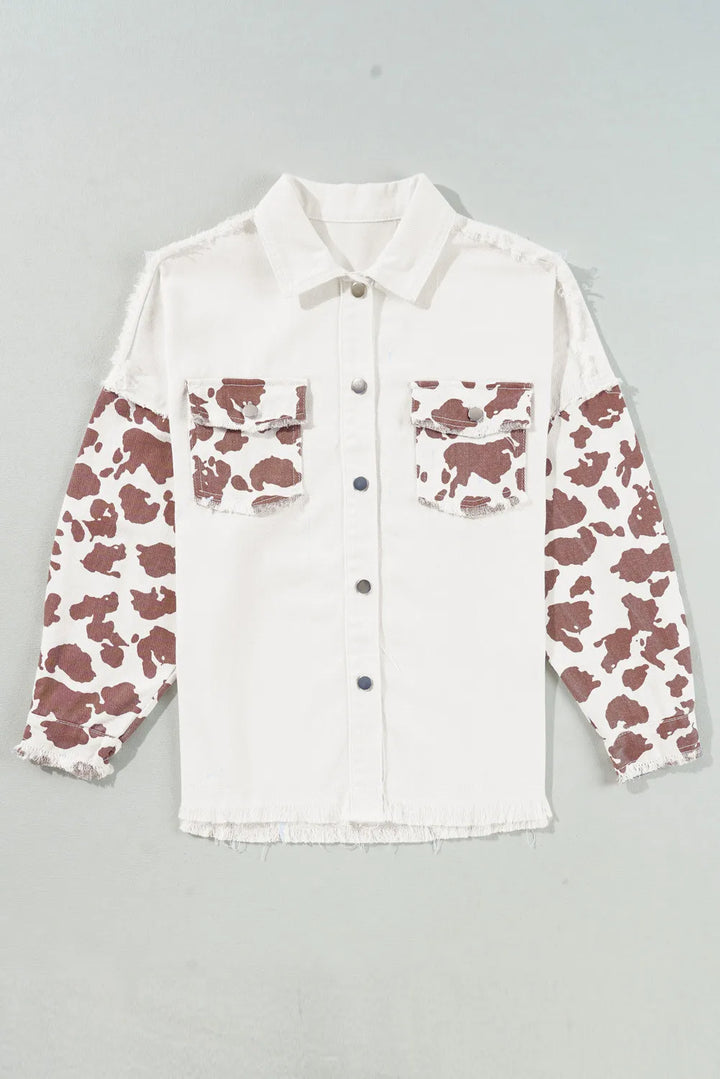 Raw Hem Animal Print Long Sleeve Denim Jacket