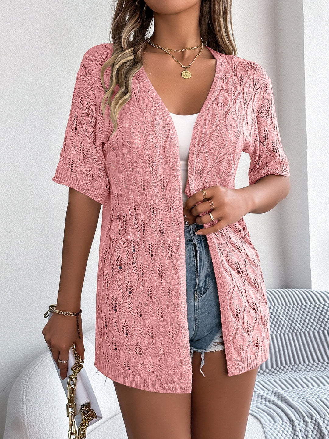 Openwork Open Front Short Sleeve Cardigan