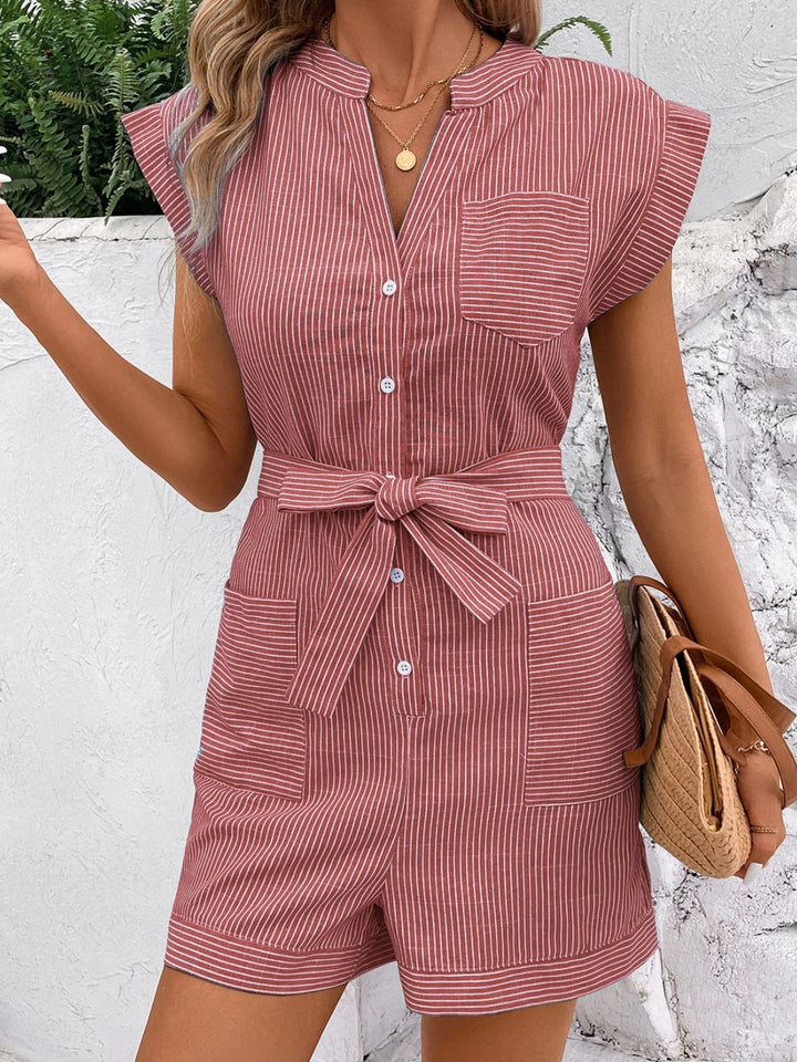 Striped Notched Tie Waist Romper