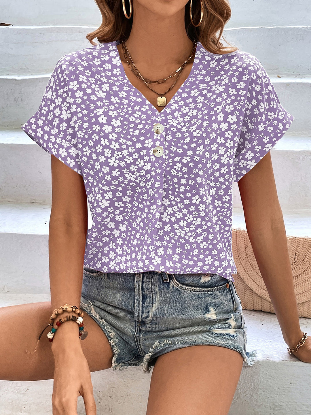 Printed V-Neck Short Sleeve Blouse