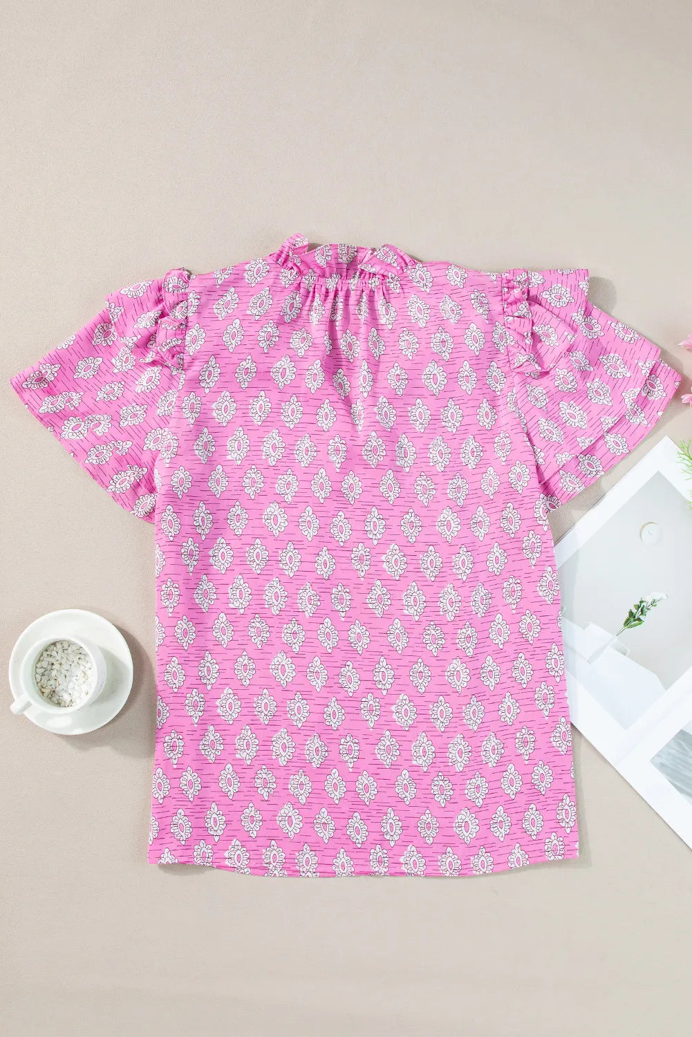 Ruffled Printed Tie Neck Short Sleeve Blouse