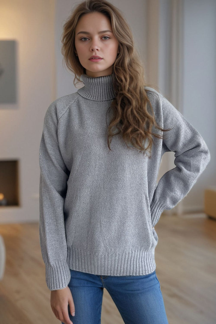 Ribbed Turtleneck Raglan Sleeve Sweater