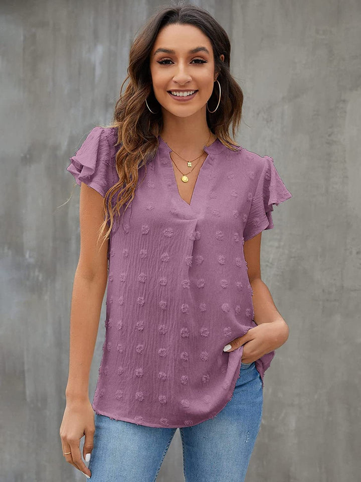 Swiss Dot Notched Flutter Sleeve Blouse