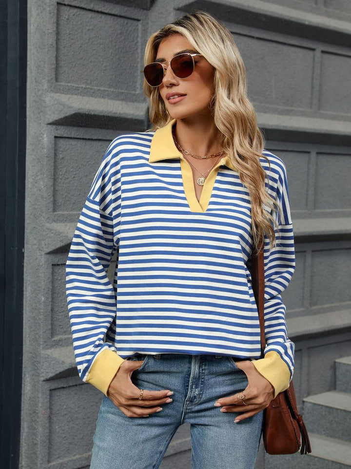 Striped Johnny Collar Long Sleeve Sweatshirt