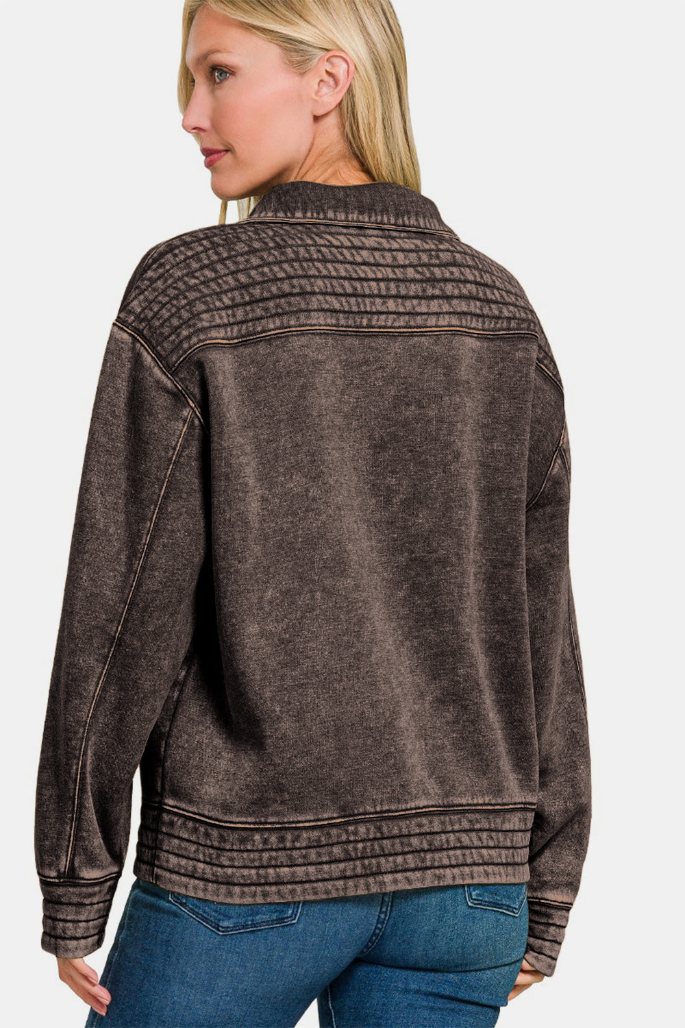 Zenana Acid Washed Half Snap Fleece Sweatshirt