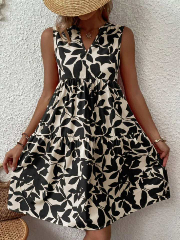 Printed Notched Sleeveless Mini Dress