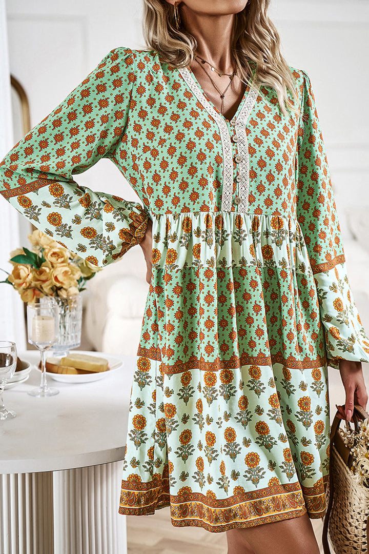 Printed V-Neck Long Sleeve Dress