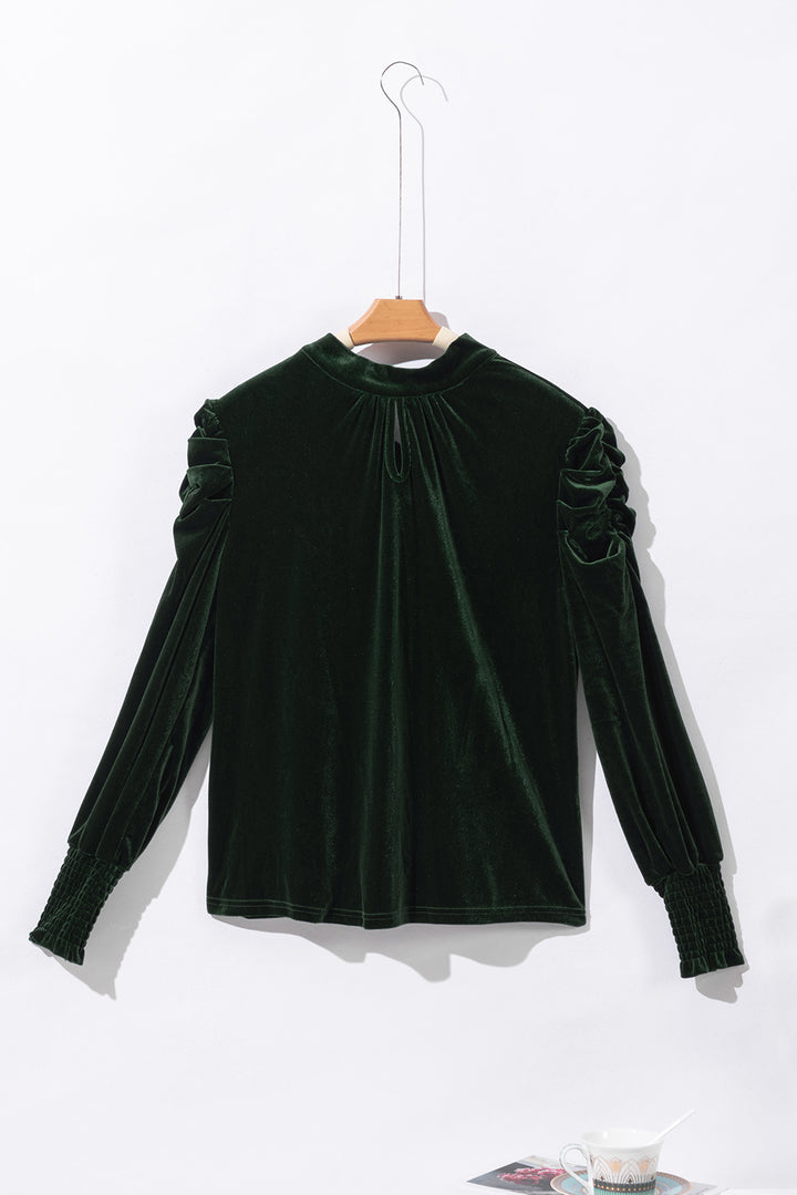 Mock Neck Puff Sleeve Velvet Blouse