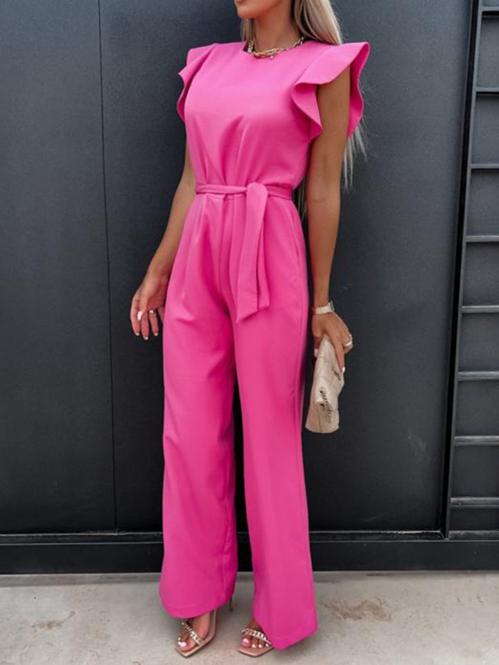 Ruffled Round Neck Cap Sleeve Jumpsuit