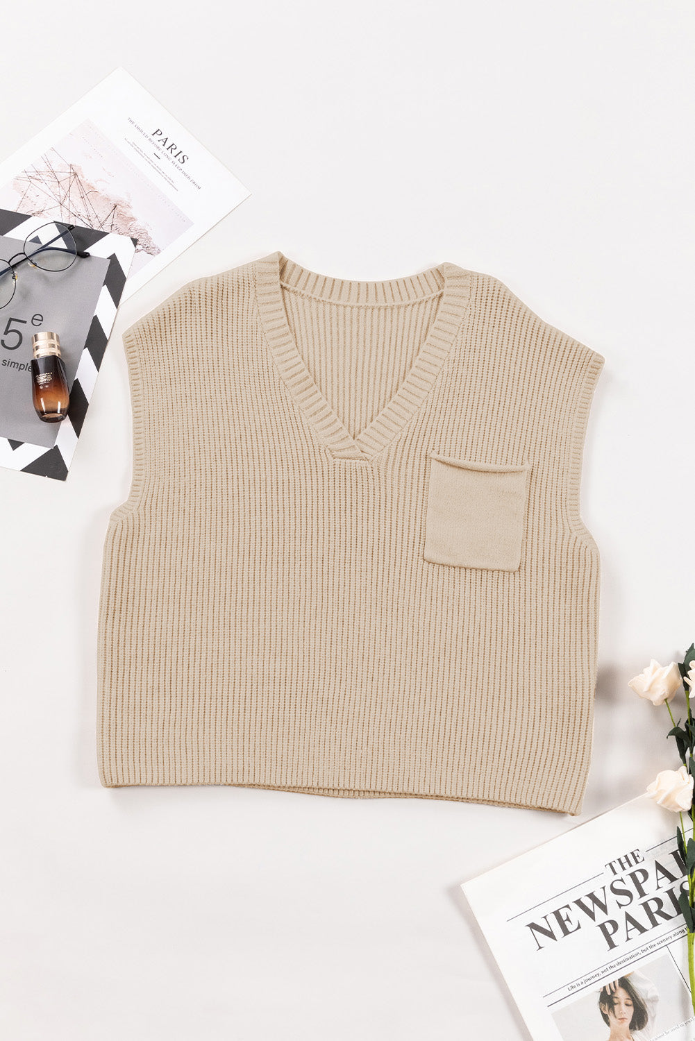 Pocketed V-Neck Cap Sleeve Sweater