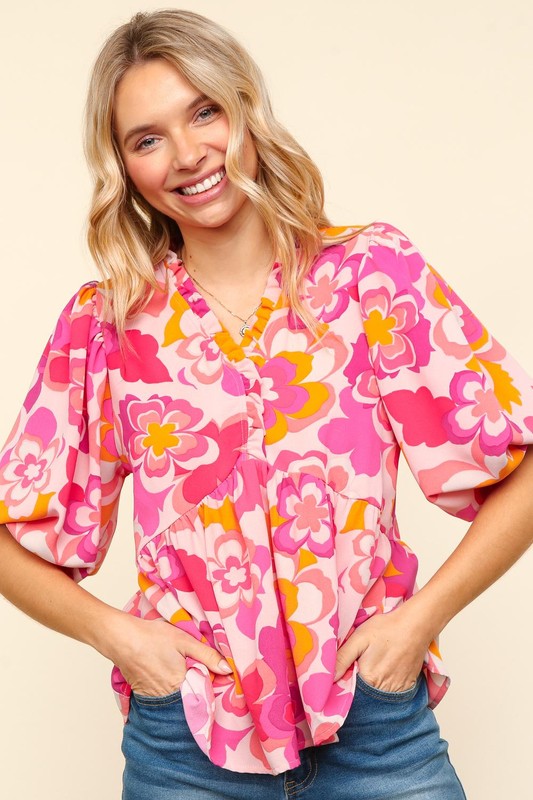 Haptics Full Size Frill Floral Puff Sleeve Blouse