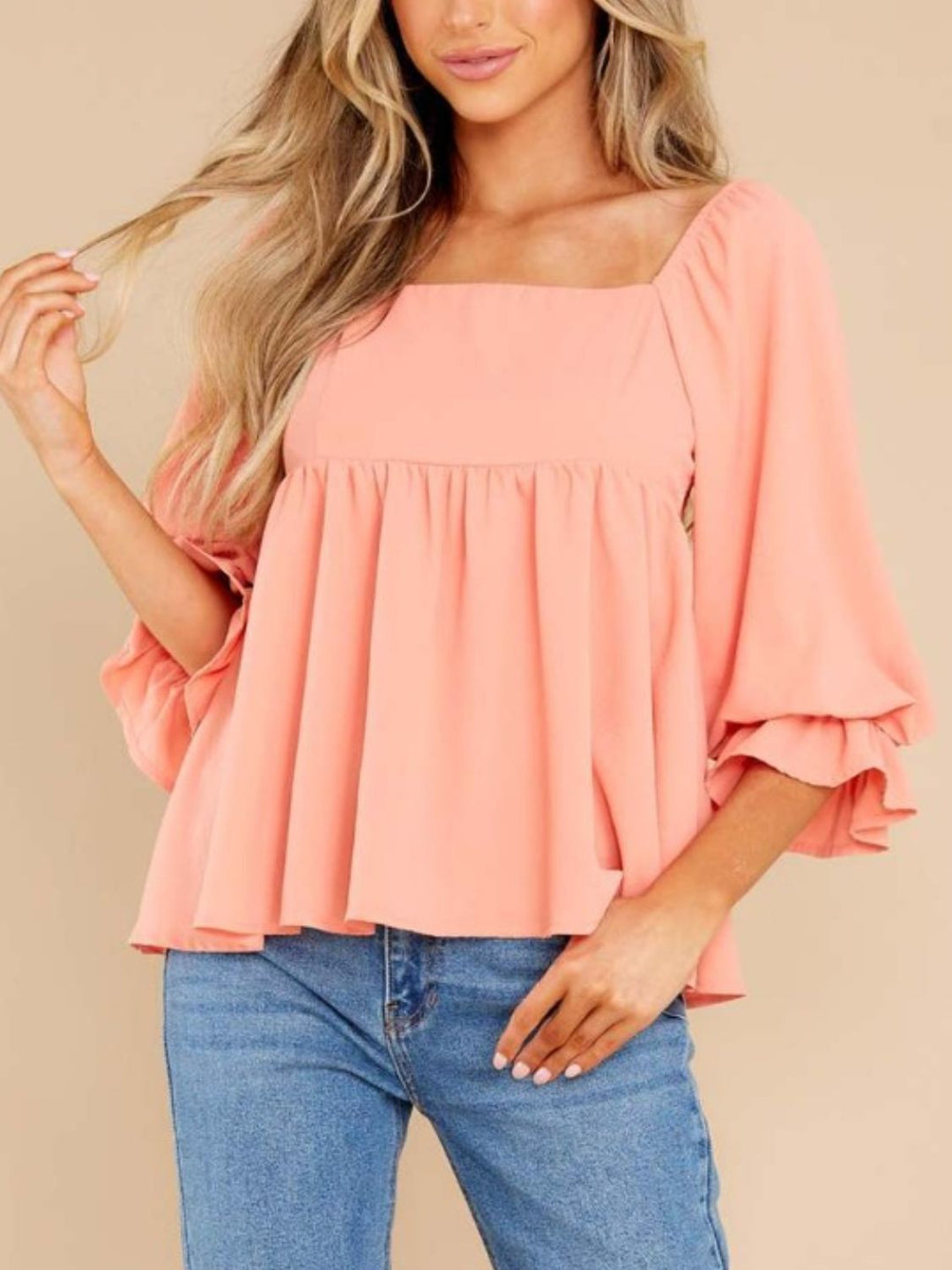 Smocked Square Neck Flounce Sleeve Blouse