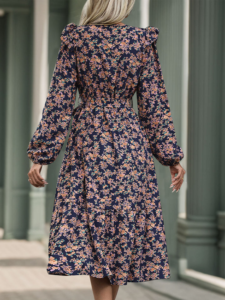 Printed Surplice Long Sleeve Midi Dress