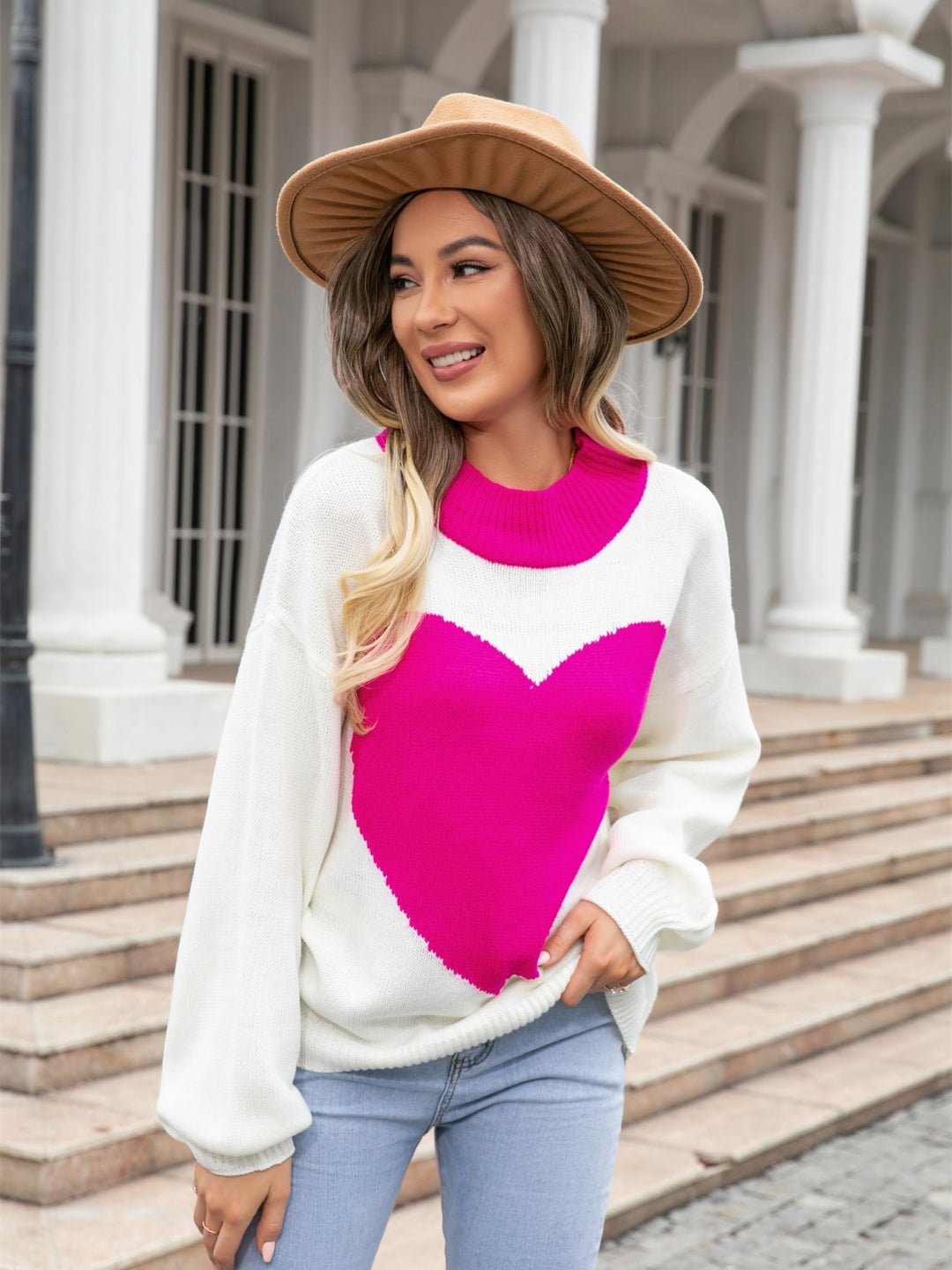 Angel Wings Heart Graphic Round Neck Sweater