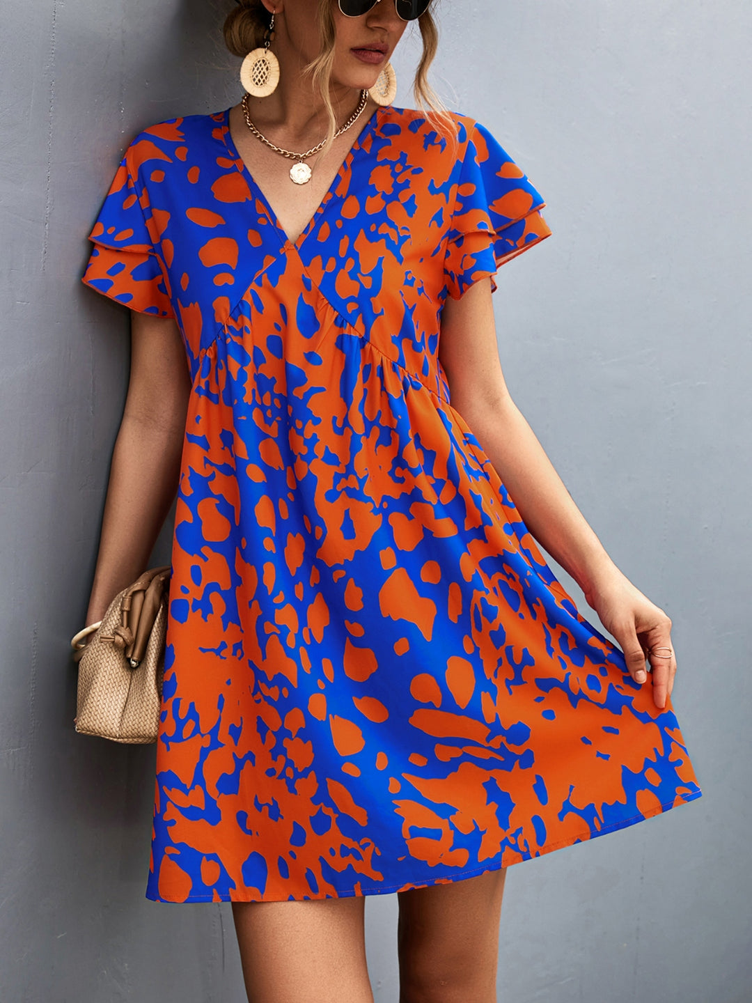 Ruffled Printed V-Neck Short Sleeve Mini Dress