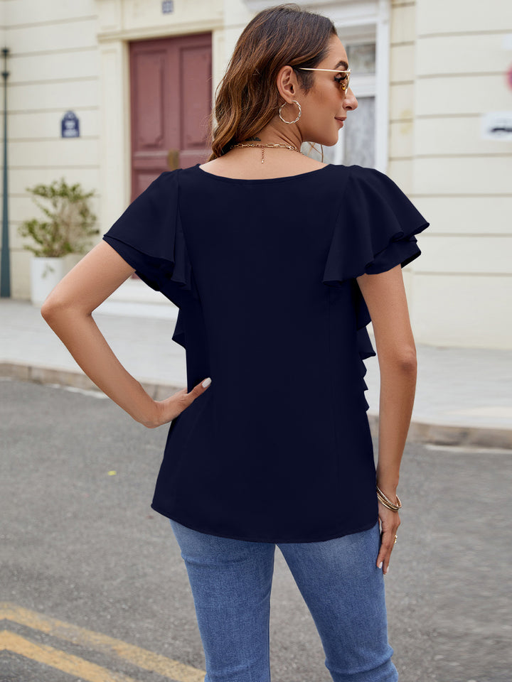 Ruffled V-Neck Short Sleeve Top