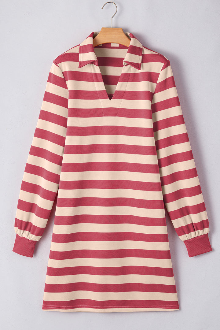Contrast Striped Johnny Collar Long Sleeve Mini Dress
