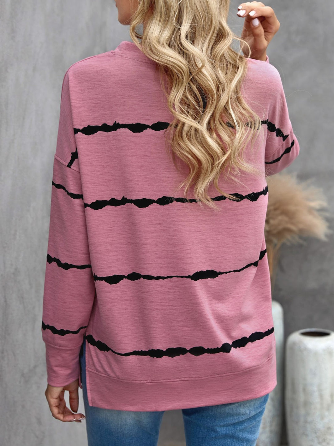 Slit Round Neck Long Sleeve T-Shirt