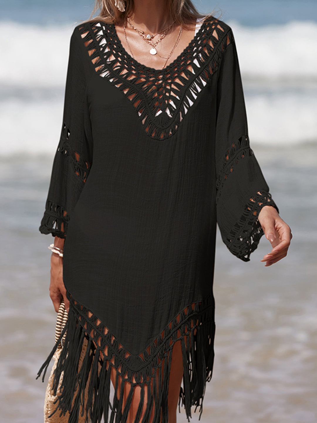 Cutout Fringe Scoop Neck Cover-Up