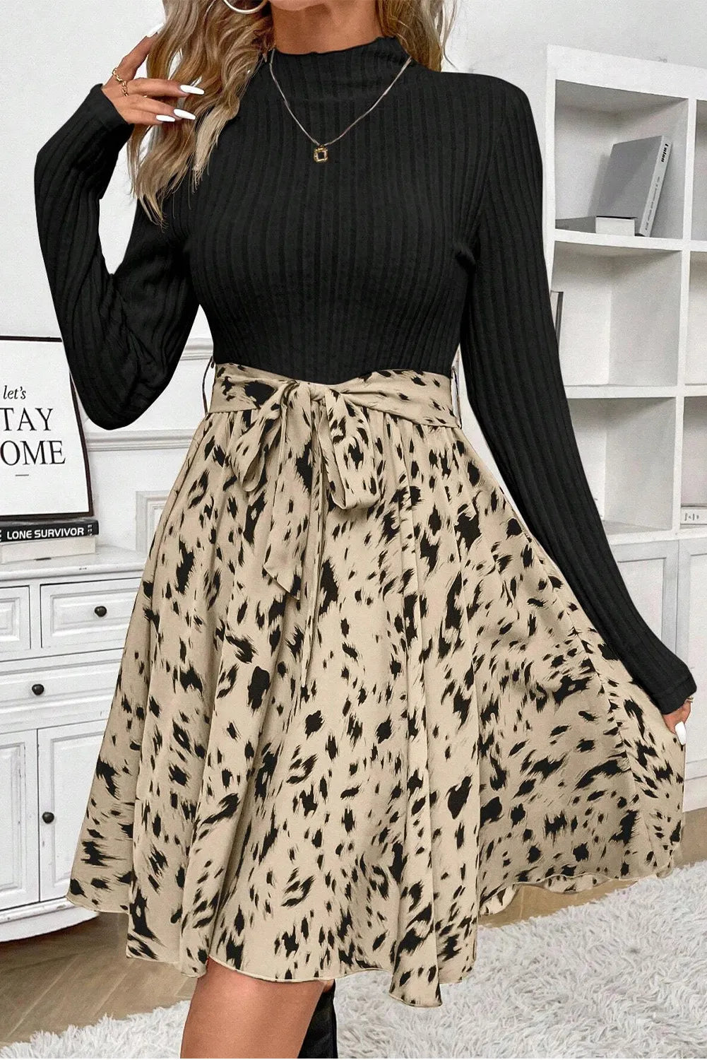 Tied Printed Mock Neck Long Sleeve Dress