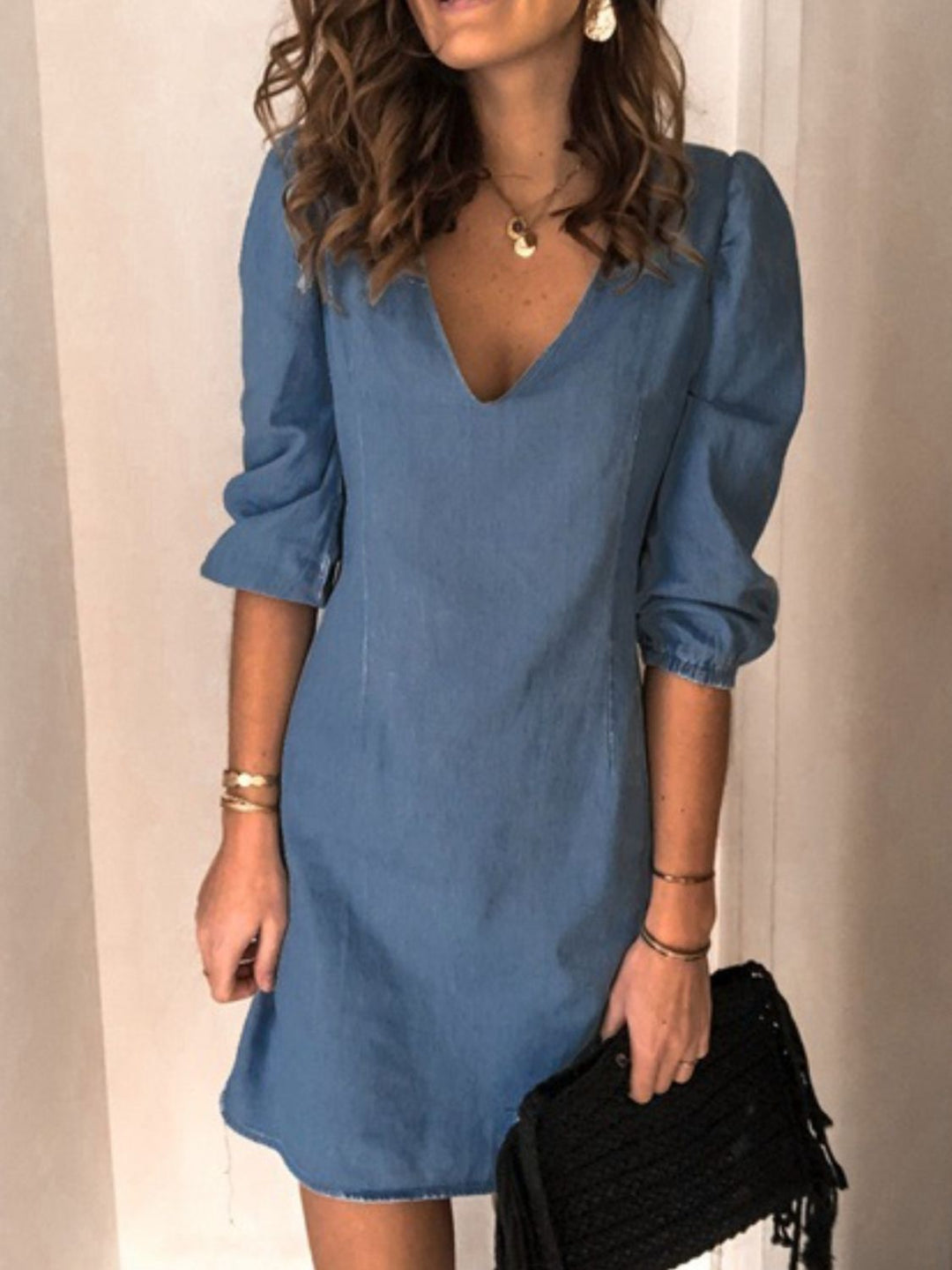 Full Size V-Neck Half Sleeve Denim Dress