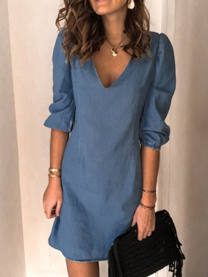 Full Size V-Neck Half Sleeve Denim Dress