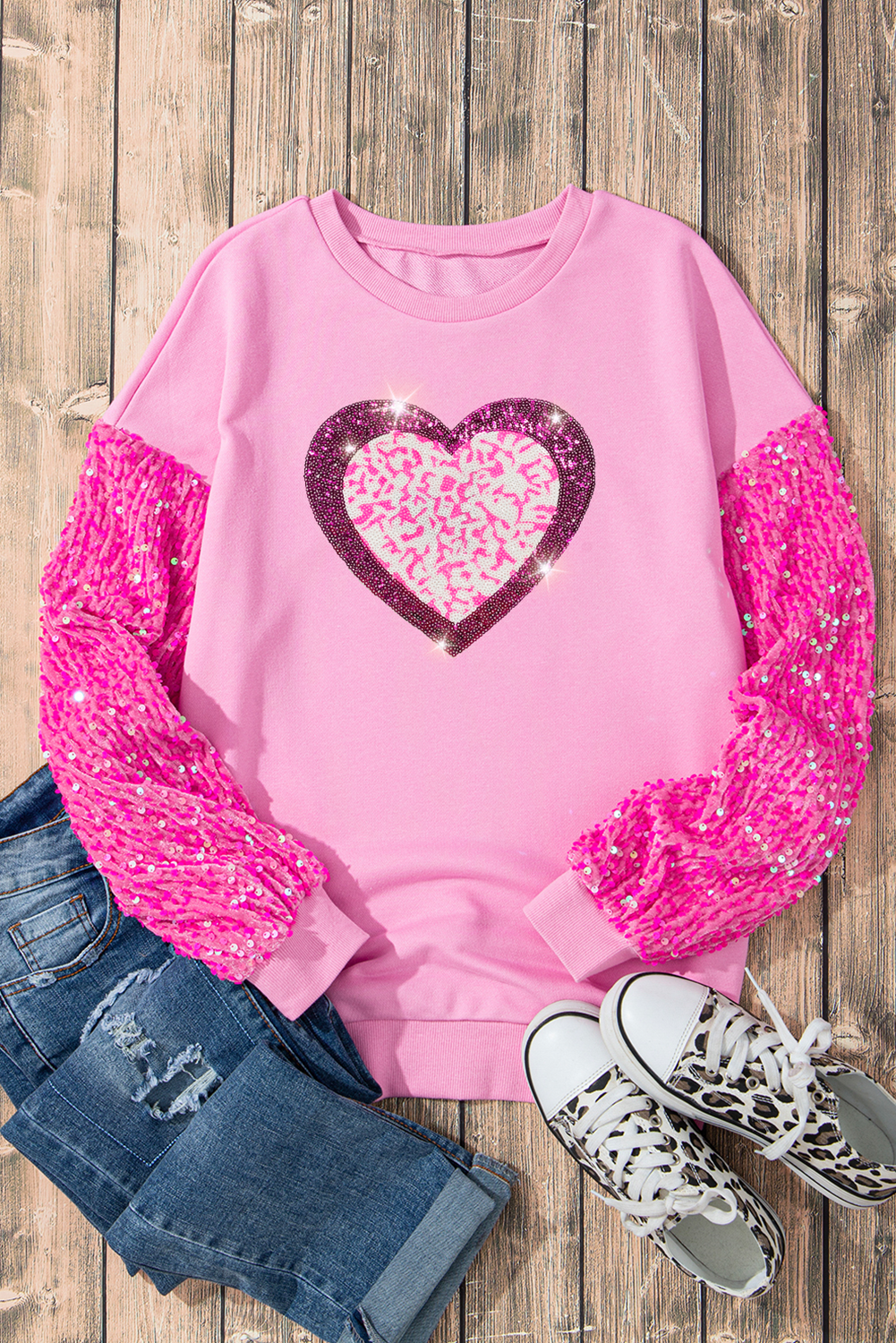 Valentine’s Day Sequin Heart Long Sleeve Sweatshirt