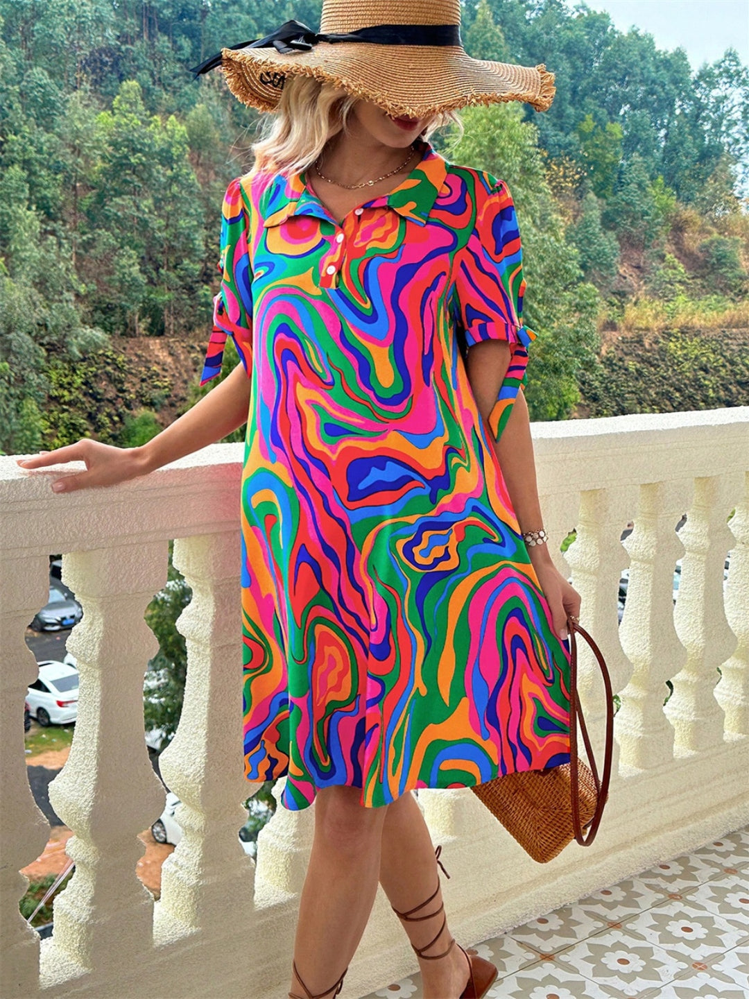 Printed Collared Neck Short Sleeve Mini Dress