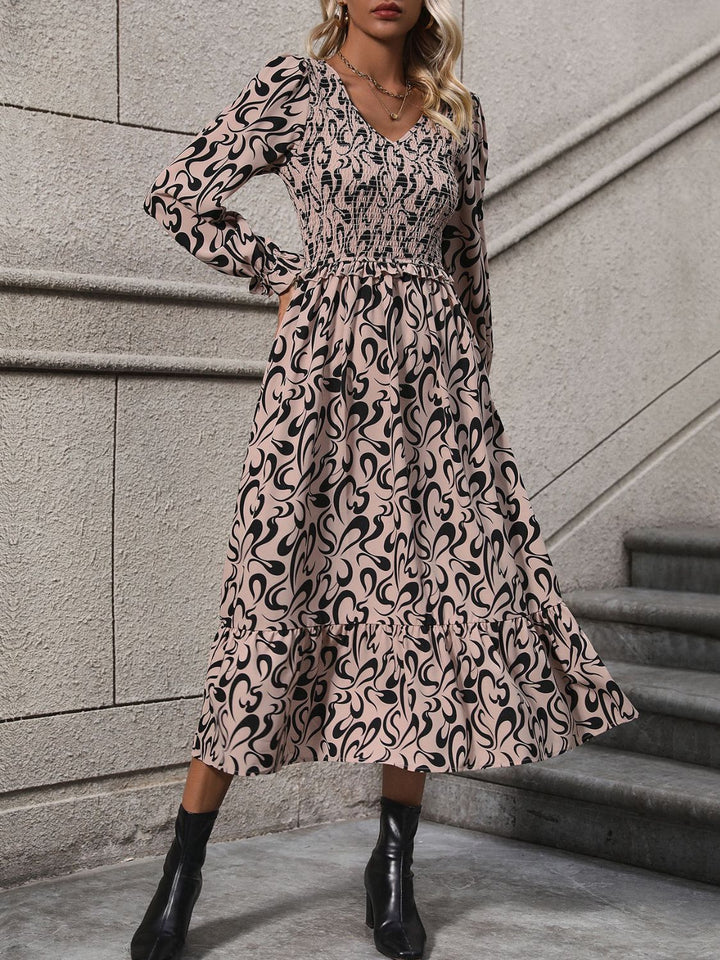 Printed V-Neck Long Sleeve Midi Dress