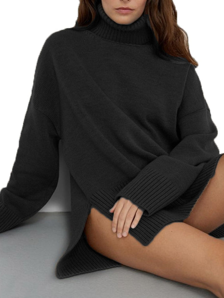 Side Slit Turtleneck Drop Shoulder Sweater